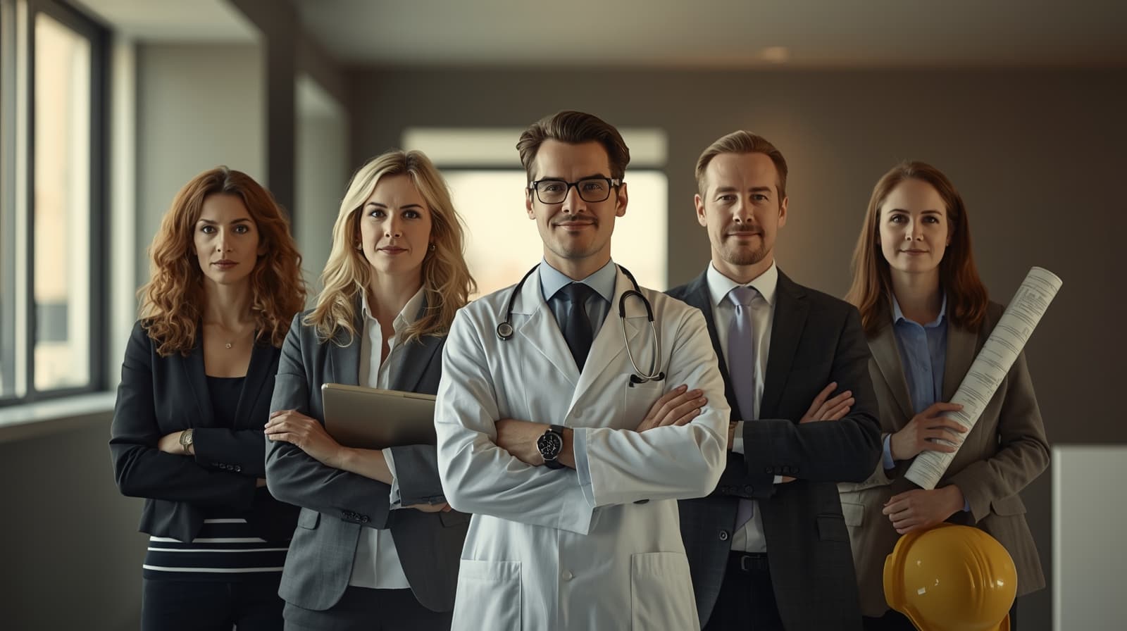 Professionisti al lavoro: medico, avvocato, architetto, ingegnere
